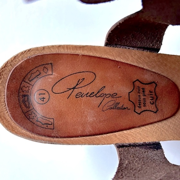 Penelope Collection Spanish Brown Leather Scalloped Wood Heel Cork Sandals 41 - Picture 10 of 10